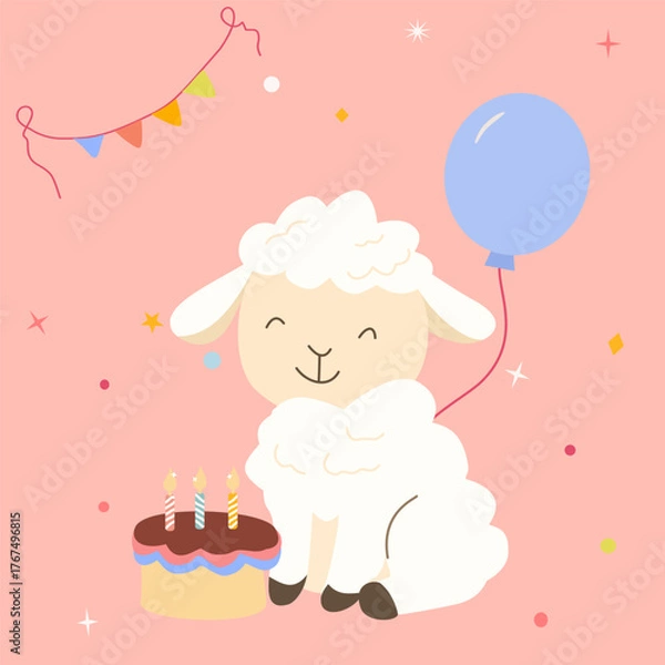Obraz Vector clipart of cute lamb sitting by cake with three candles, balloon, and flags on light pink background. Perfect for kids birthday design