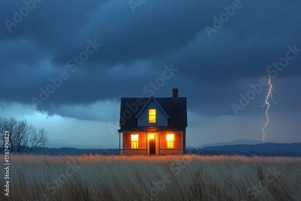 Fototapeta Lonely house with glowing windows in field during thunderstorm and lightning strike under dramatic dark clouds