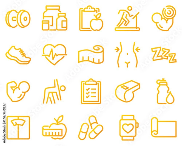 Fototapeta Simple set of fitness related vector line icons. Contains such icons as workout, sleep, diet plan, sports supplements, nutrition and more.