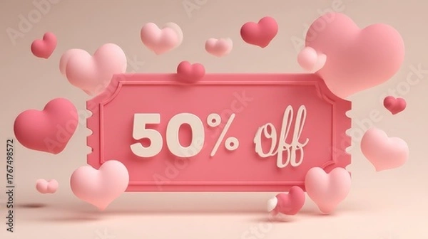 Fototapeta Pink 50% off sale ticket with floating heart shaped bubbles on light background, romantic Valentine's Day discount coupon vector flat design.
