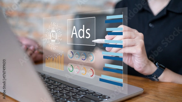 Fototapeta Businessman online advertising digital marketing strategy data analysis dashboard information report corporate e-business business technology concept