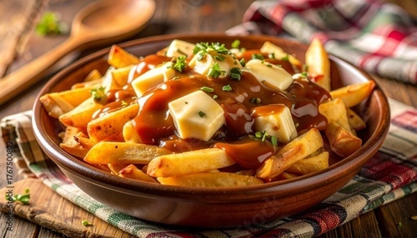 Obraz Delicious classic Canadian poutine in a rustic bowl on a wooden table, garnished with fresh chives