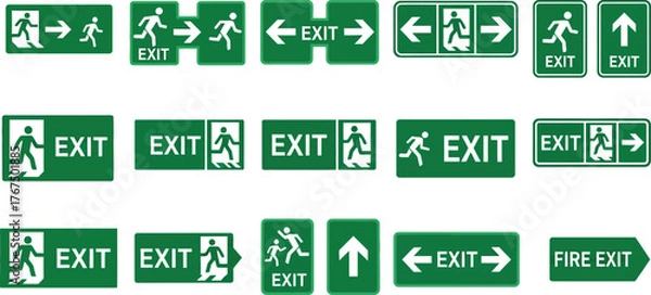 Fototapeta safety signage graphics featuring exit and fire direction icons supporting workplace awareness and emergency planning