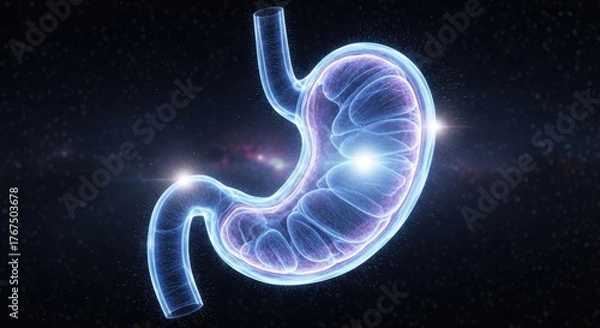 Fototapeta Luminous Human Stomach Anatomy Illuminated with Blue and Purple Energy, Medical Science Visualization.
