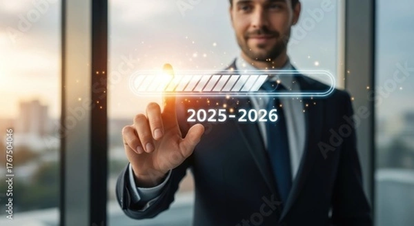 Fototapeta Man's finger touches progress bar 2025-2026 loading, futuristic