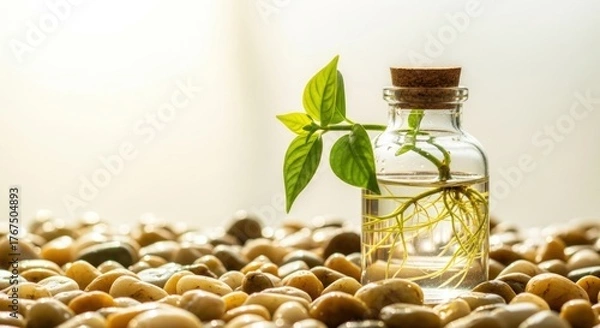 Fototapeta Small plant growing roots in water inside glass bottle on pebbles