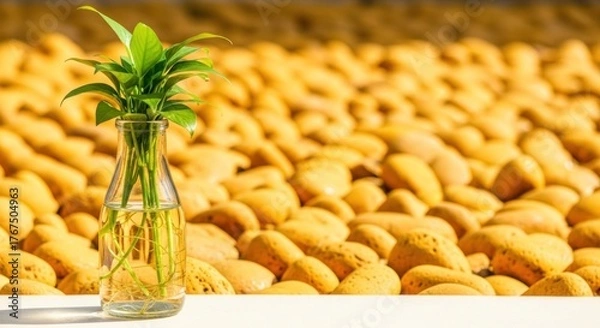 Fototapeta A glass vase with a green plant and roots sits before a backdrop of yellow stones