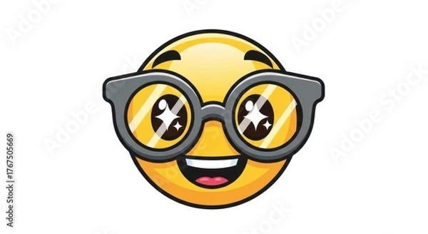 Fototapeta Animated yellow face with large, sparkling eyes and thick glasses