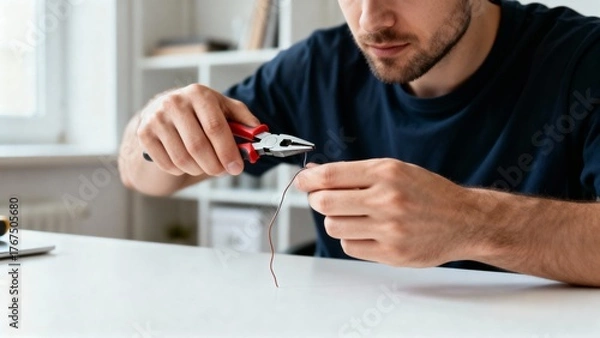 Obraz Electrician using pliers to grip and cut electrical wire at desk