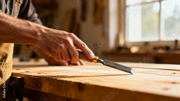 Obraz Man carving wooden board with chisel in sunlight workshop