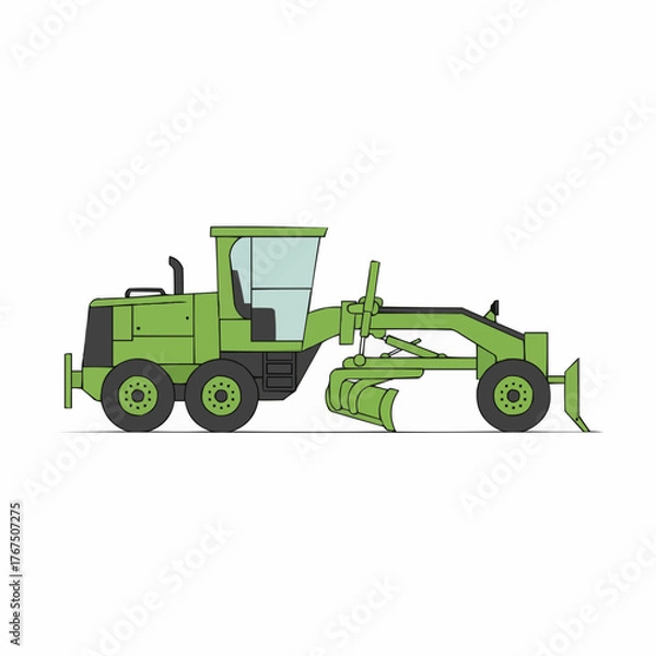 Fototapeta Stylized Green Motor Grader with Visible Blade and Operator Cabin