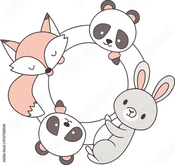 Obraz Cute fox panda rabbit animal circle frame border illustration vector design kawaii cartoon character adorable art vector illustration