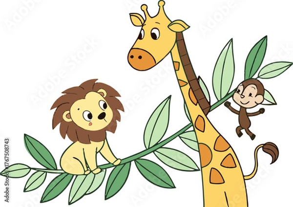 Obraz Cartoon giraffe lion monkey jungle animals wildlife safari illustration vector graphic design zoo animal art vector illustration