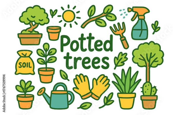 Obraz Whimsical Potted Trees. Potted trees. Hand-drawn doodle illustration of Potted trees. Bonsai pot, ficus tree,