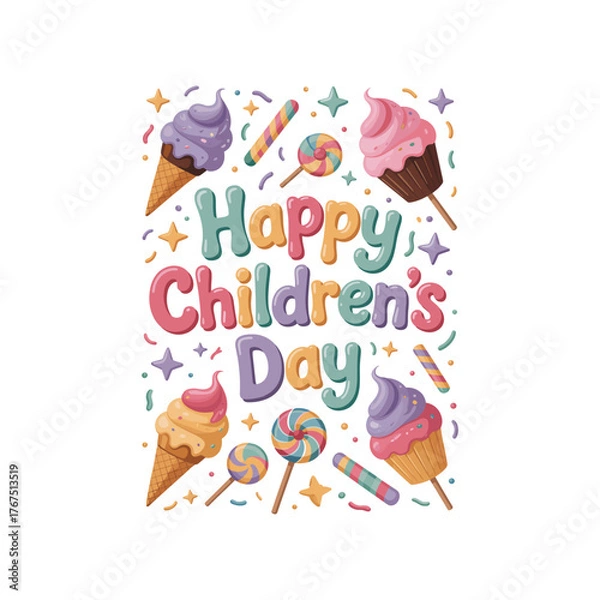 Fototapeta Bright happy children's day text with colorful ice cream cones and lollipops creating festive fun