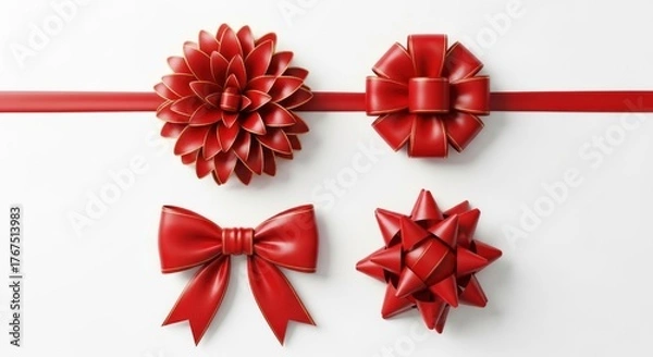 Obraz Four red bows with gold trim on a white background, festive and elegant