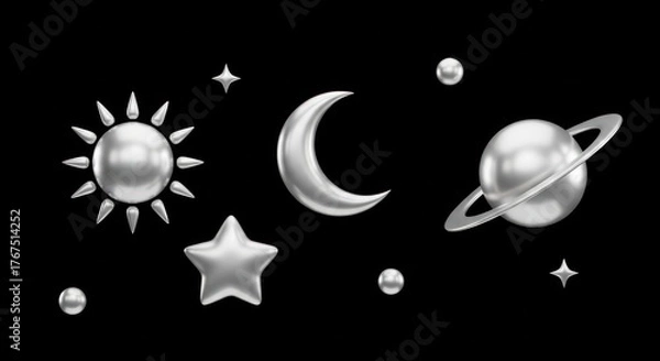 Obraz Silver 3D planets, sun, moon, stars in black space, minimalist