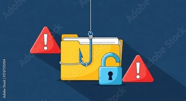 Obraz Folder hanging from a fishing hook near two warning signs, padlock open