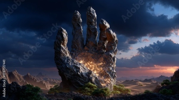 Fototapeta Giant Stone Hand Sculpture with Glowing Interior, Dramatic Desert Landscape at Sunset, Surreal Fantasy Scene