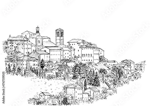 Obraz Montepulciano – Tuscan Hilltown Pen Drawing