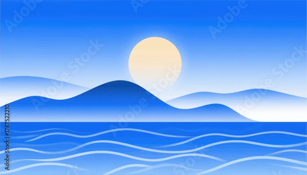 Fototapeta Minimal blue ocean sunset with rolling waves and distant hills, flat style