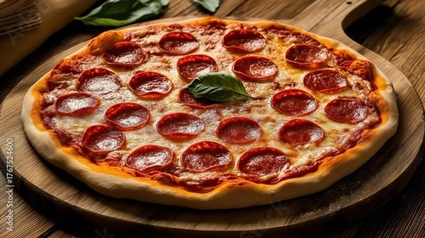 Fototapeta hunger. A delicious pepperoni pizza sits on a rustic wooden board, captured from an overhead angle. representing modern convenience.