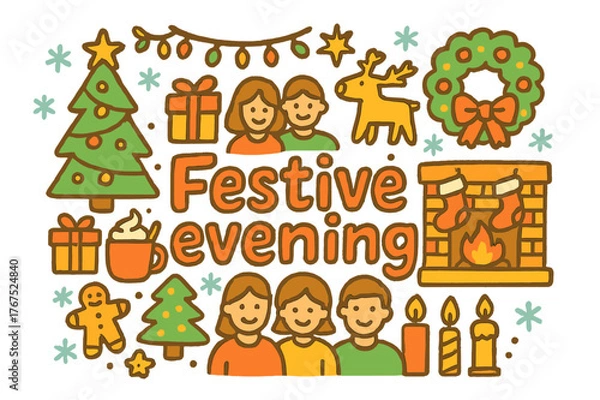 Fototapeta Festive Christmas Doodle. Festive evening. Hand-drawn doodle illustration of Festive evening. Christmas tree,