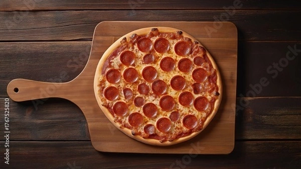 Fototapeta hunger. A delicious pepperoni pizza sits on a rustic wooden board, captured from an overhead angle. representing modern convenience.