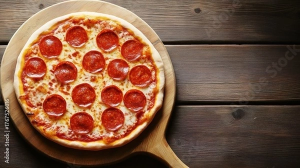 Fototapeta hunger. A delicious pepperoni pizza sits on a rustic wooden board, captured from an overhead angle. representing modern convenience.