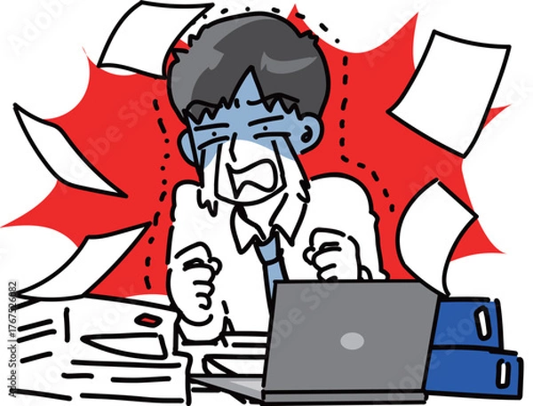 Obraz パソコンと若手男性会社員の困った時のセットベクターイラスト