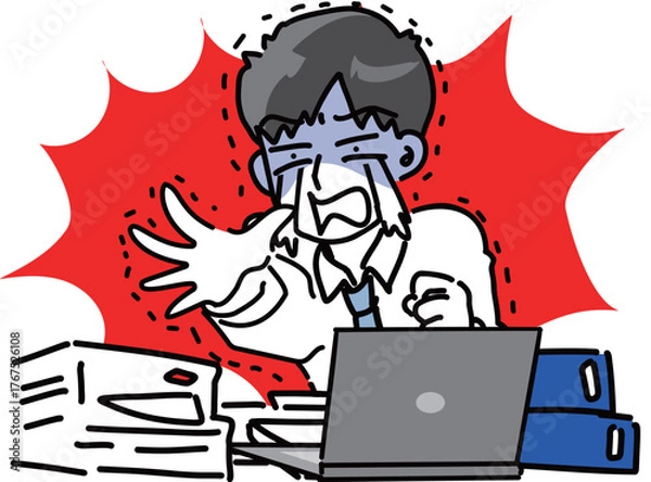 Fototapeta パソコンと若手男性会社員の困った時のセットベクターイラスト