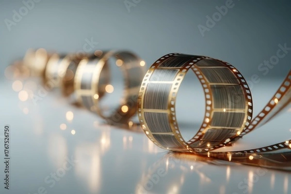 Fototapeta Captivating golden film strip unrolling with cinematic bokeh lights.