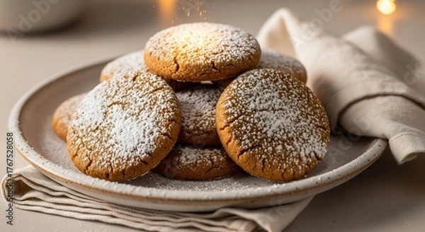 Fototapeta A stack of powdered sugar cookies on a speckled plate with a folded linen napkin under soft lighting