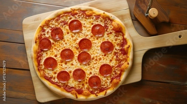 Fototapeta hunger. A delicious pepperoni pizza sits on a rustic wooden board, captured from an overhead angle. representing modern convenience.