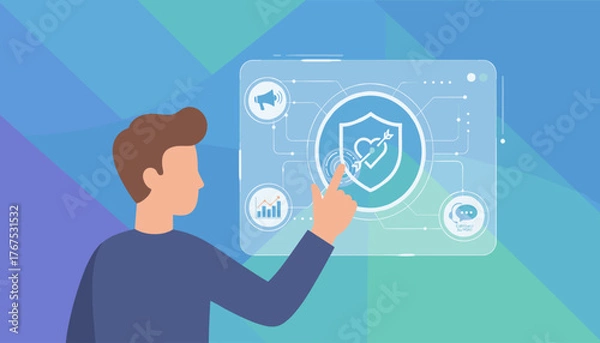 Fototapeta Modern flat illustration of a person interacting with a digital interface displaying customer relationship management concepts, including a shield with a heart and arrow, analytics graph, megaphone
