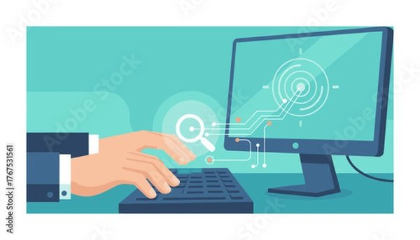 Fototapeta Close-up of a person's hands typing on a keyboard, with a computer screen displaying a search engine optimization interface featuring a magnifying glass icon and circuit board graphics, symbolizing