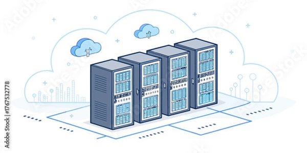 Fototapeta Illustration of four server racks connected to a cloud network with data upload indicators above