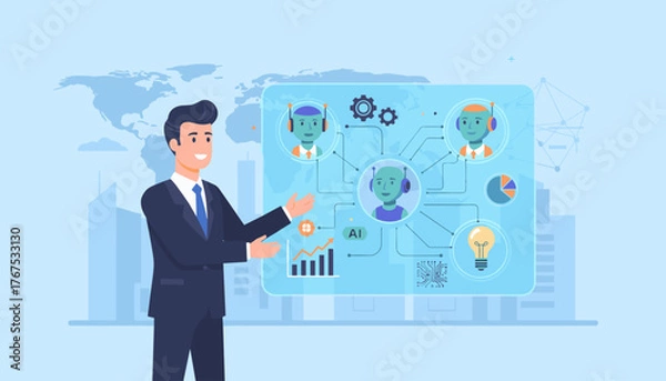 Fototapeta Smiling businessman in a suit interacting with a futuristic AI interface displaying robot avatars, data charts, a lightbulb, and a world map, symbolizing artificial intelligence, technology, and