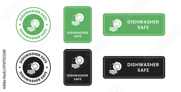 Fototapeta Dishwasher safe design badge, dishwasher green stamp. Symbol, outline icon, tag, badge, label, circle, green white vector round isolated on transparent background.