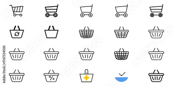 Fototapeta Assorted shopping cart and basket icons in black and white on a white background displayed in rows