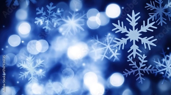 Fototapeta precipitation. Softly falling snowflakes in a winter scene with a cool blue atmospheric glow. travel magazines, destination branding, designed for outdoor magazines and nature guides.