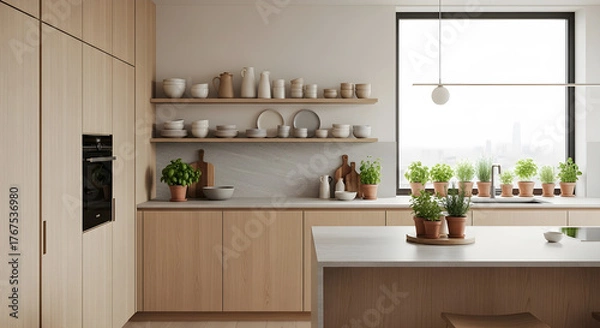Obraz A bright and airy modern kitchen with light wood cabinetry and open shelving displaying various kitchenware and potted plants.