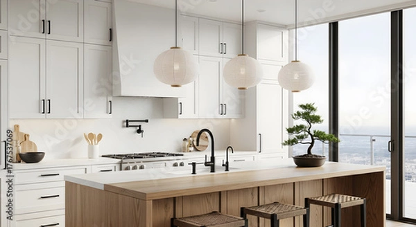 Fototapeta A modern white kitchen with a wooden island and pendant lights, featuring a large window with a city view.