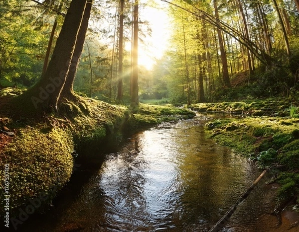 Fototapeta forest creek in warm sunlight