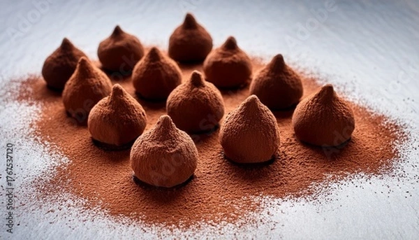 Obraz cocoa truffles dusted with chocolate powder and arranged creatively on a surface