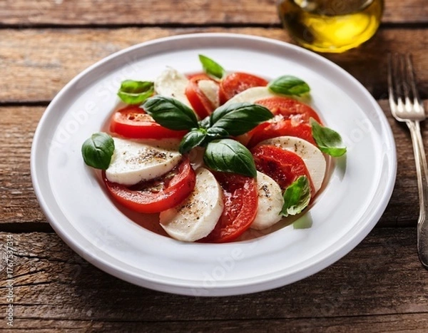 Obraz healthy traditional italian organic vegetarian caprese antipasti salad with mozzarella tomatoes basil and olive oil on white plate vintage wooden table background rustic style and natural light