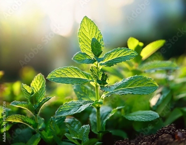 Fototapeta growing mint plant in the garden fresh spearmint one of the most popular and invigorating types of tea