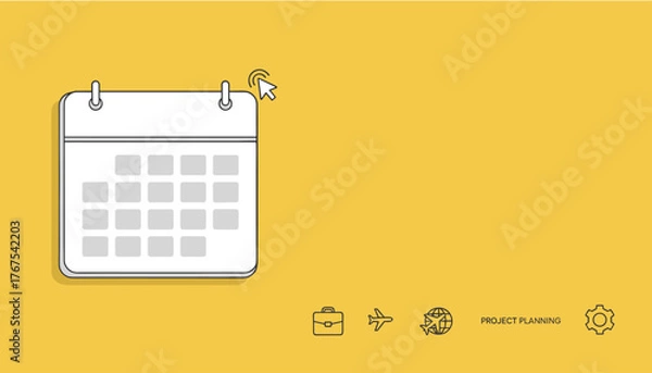 Fototapeta Clean white calendar icon with a cursor hovering over it, set against a vibrant solid yellow background, accompanied by icons representing business, travel, and project planning, symbolizing