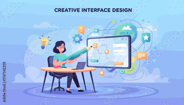 Fototapeta Creative interface design concept with a woman designer using a giant pencil to draw on a digital screen, surrounded by icons, gears, and a lightbulb representing ideas and innovation, modern flat