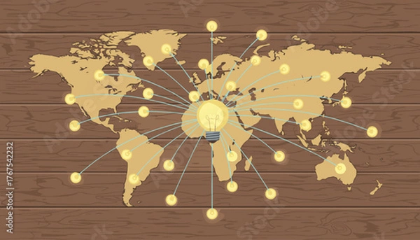 Fototapeta Global network of ideas represented by glowing light bulbs connected across a world map illustration on a rustic wooden background, symbolizing innovation and communication worldwide.